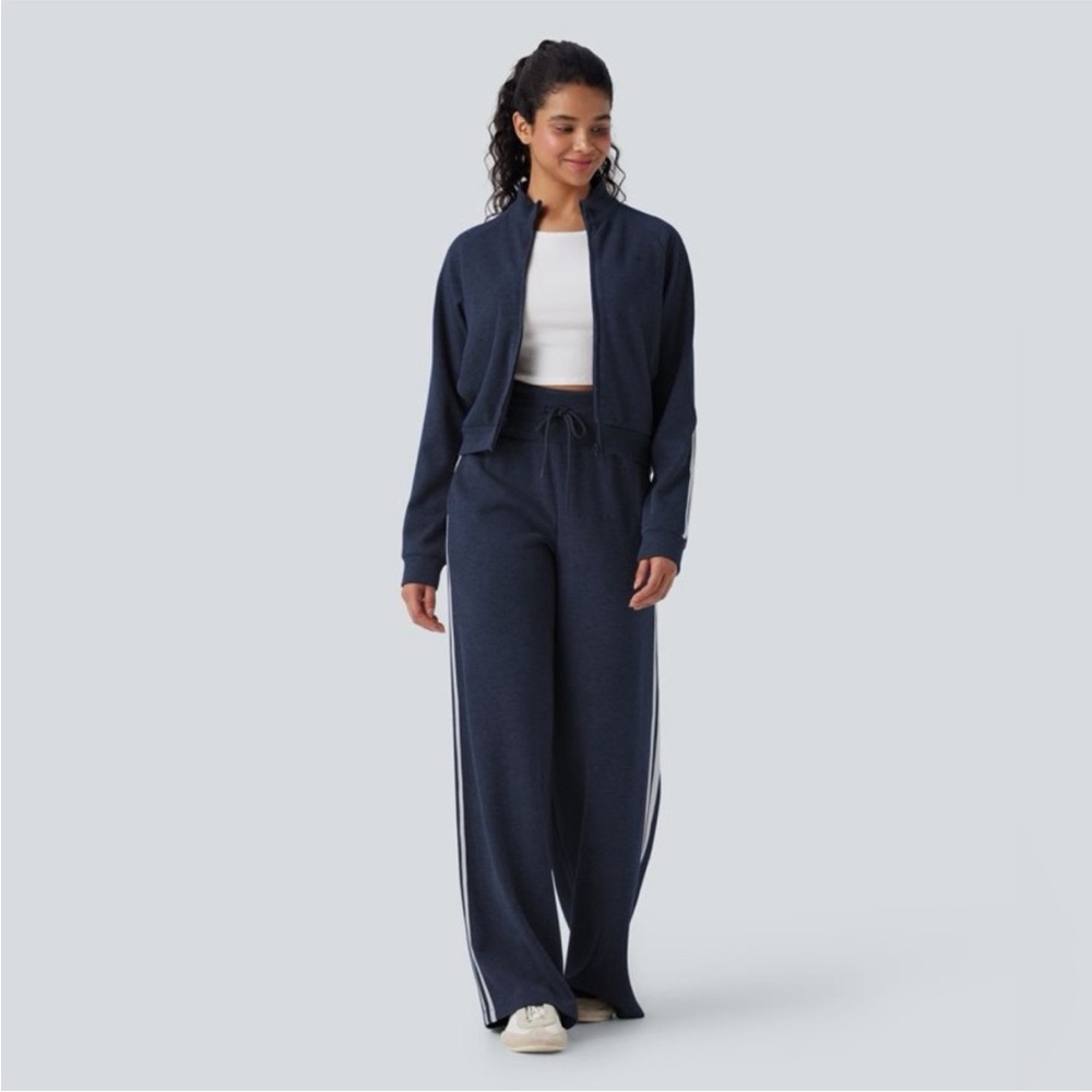 Ribbed Knit High Waisted Tummy Control Drawstring Casual Wide Leg Pants Pockets - Picture 3 of 10